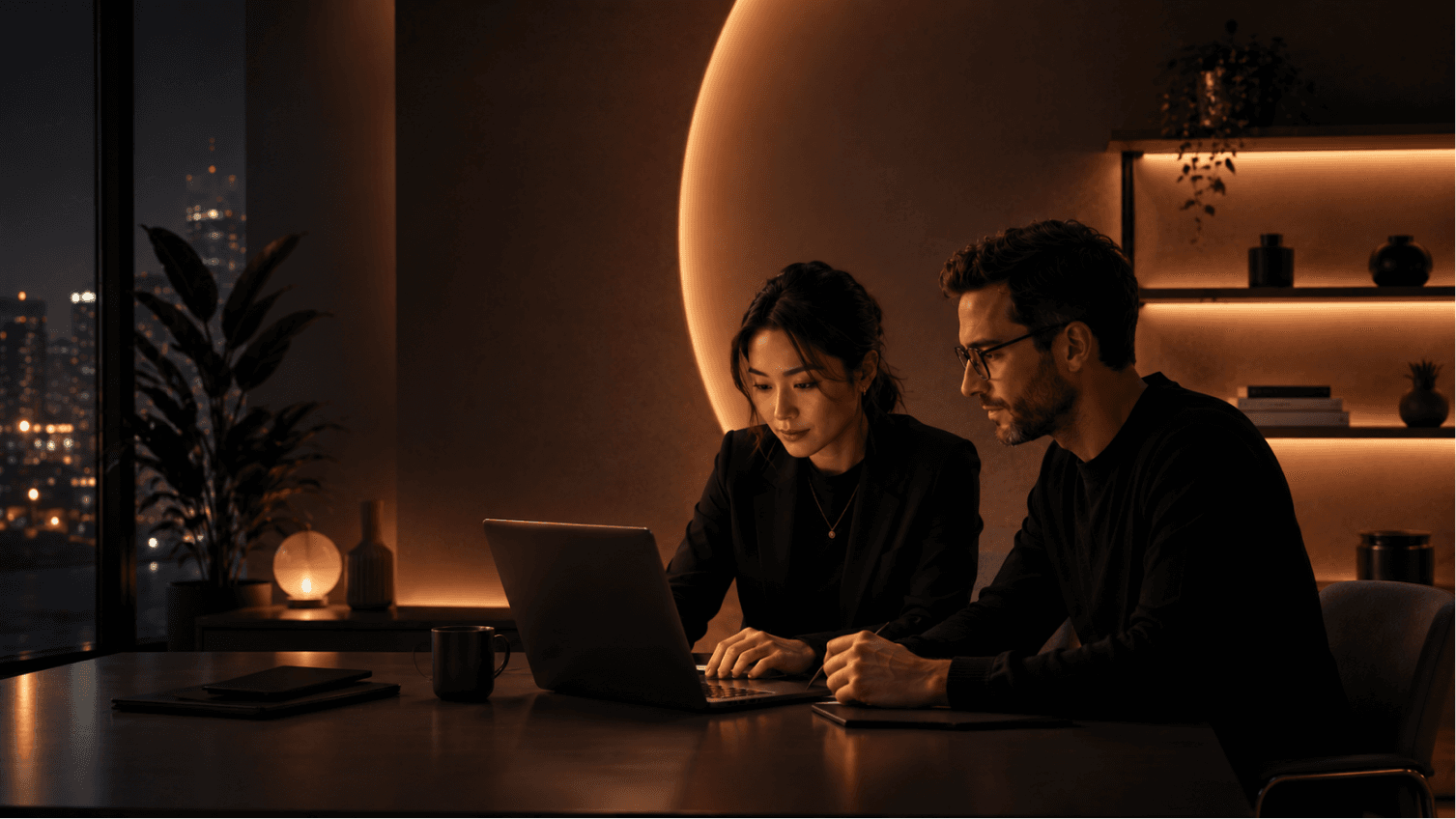 Two people focused on a laptop in a warm, dimly-lit office